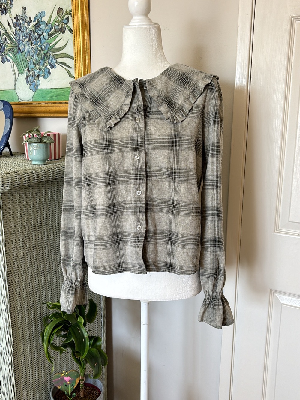 Plaid collared button down with ruffles